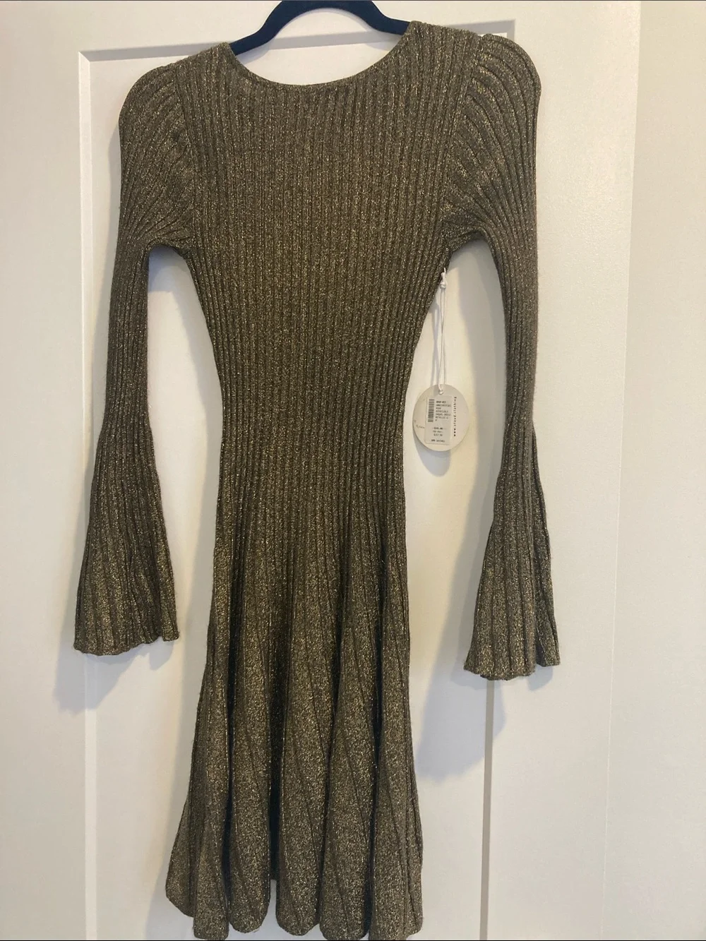 STAUD NWT Ribbed Metallic Long-Sleeve Knit Dress in Olive Gold - Picture 5 of 9